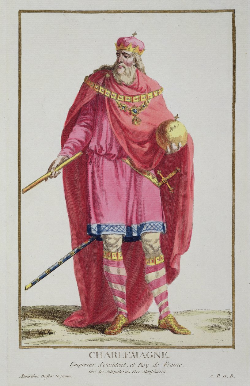 Karl den store (742-814) från "Receuil des Estampes, representant les Rangs et les Dignites, suivant le Costume de toutes les Nations existantes", publicerad 1780 (handkolorerad gravyr). av Pierre Duflos