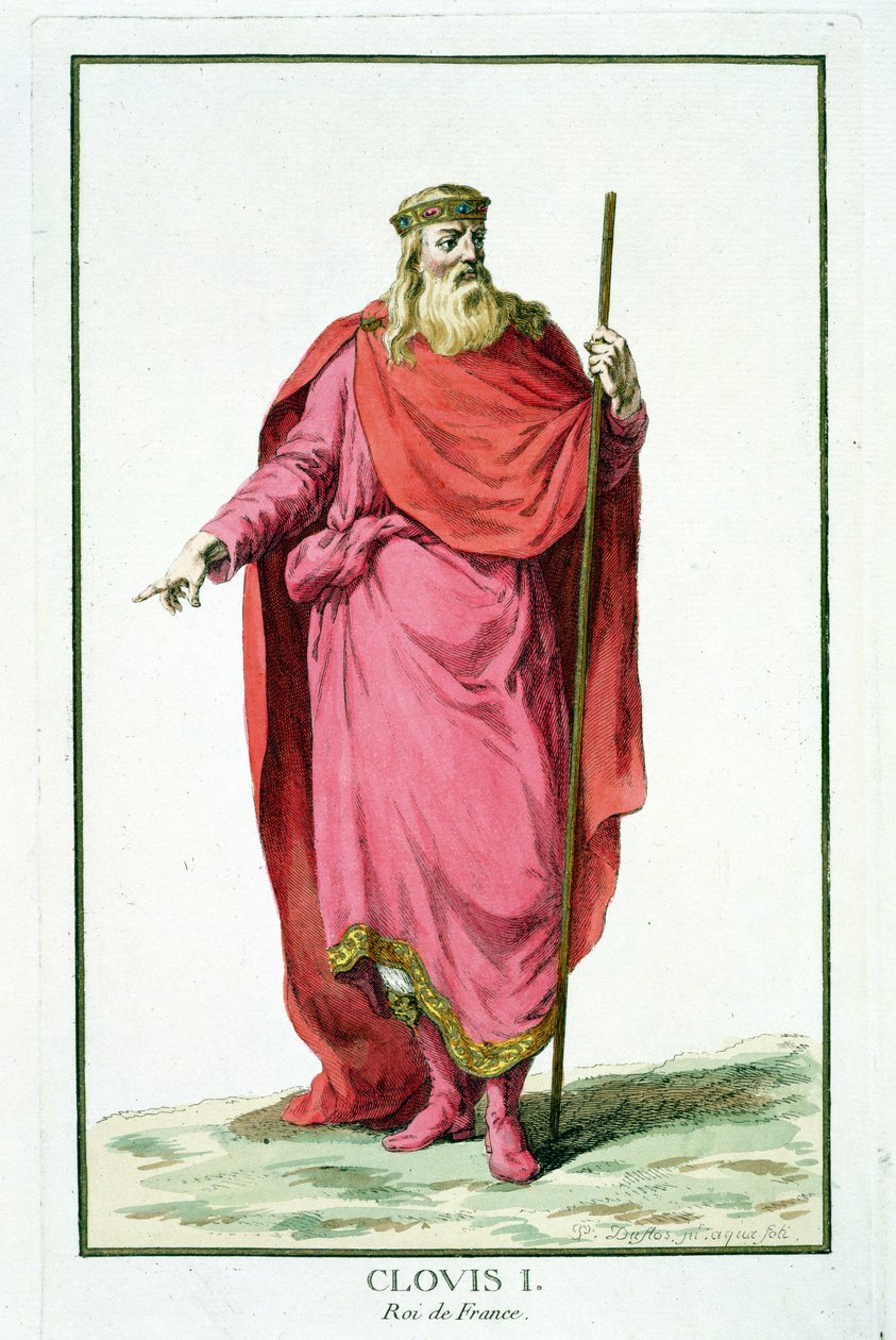 Clovis I (481-511) kung av de salianska frankerna från "Receuil des Estampes, Representant les Rangs et les Dignites, suivant le Costume de toutes les Nations existantes", publicerad 1780 (handkolorerad). av Pierre Duflos