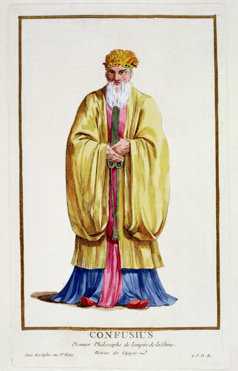 Konfucius (551-479 f.Kr.), från "Receuil des Estampes, representant les Rangs et les Dignites, suivant le Costume de toutes les Nations existantes", publicerad 1780 (handkolorerad gravyr). av Pierre Duflos