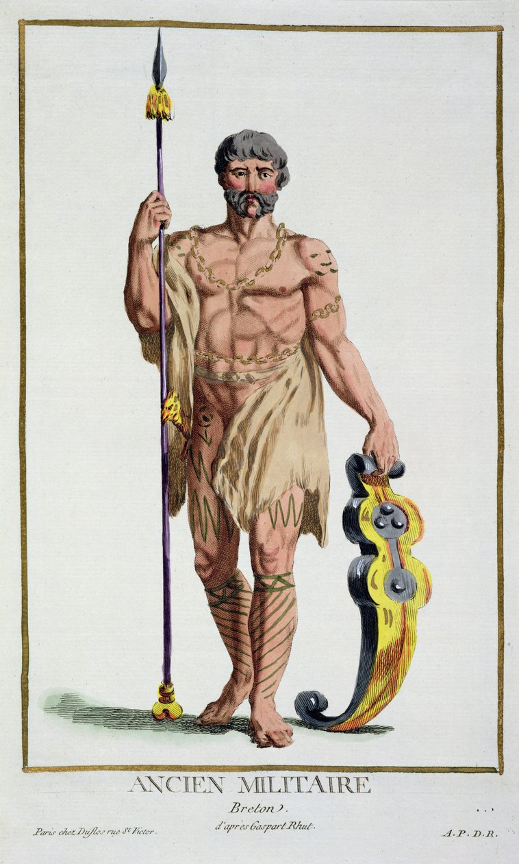 En bretonsk krigares klädsel från "Receuil des Estampes, Representant les Rangs et les Dignites, suivant le Costume de toutes les Nations existantes", publicerad 1780 (handkolorerad gravyr). av Pierre Duflos