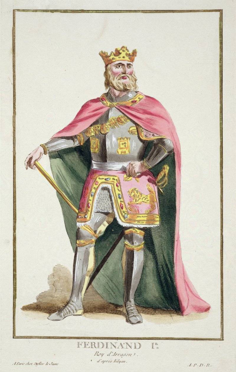 Ferdinand I (1379-1416) kung av Aragonien från "Receuil des Estampes, Representant les Rangs et les Dignites, suivant le Costume de toutes les Nations existantes", publicerad 1780 (handkolorerad gravyr). av Pierre Duflos