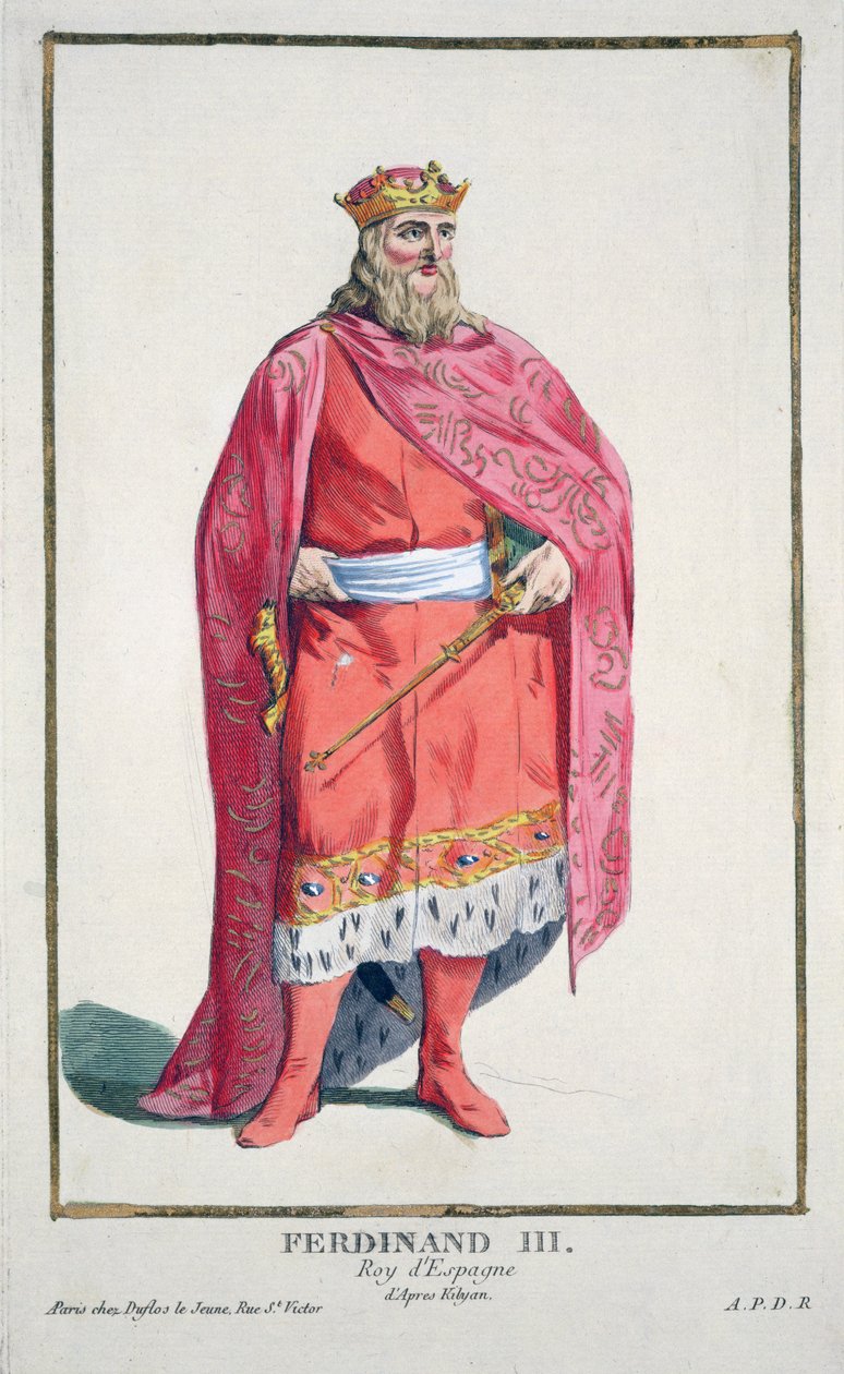 Ferdinand av Kastilien och Leon (1217-52) från "Receuil des Estampes, Representant les Rangs et les Dignites, suivant le Costume de toutes les Nations existantes", publicerad 1780 (handkolorerad gravyr). av Pierre Duflos