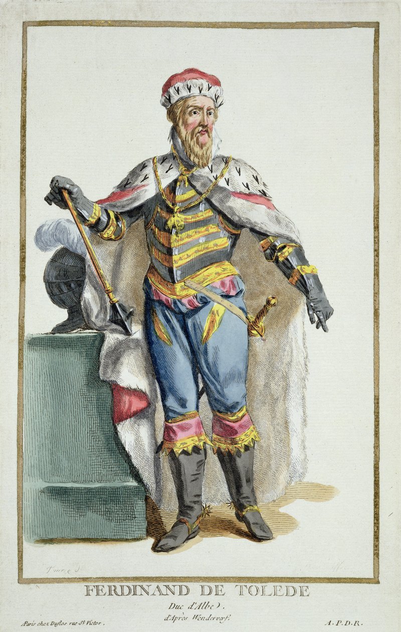 Ferdinand av Toledo (1507-82) hertig av Alva från "Receuil des Estampes, Representant les Rangs et les Dignites, suivant le Costume de toutes les Nations existantes", publicerad 1780 (handkolorerad gravyr). av Pierre Duflos