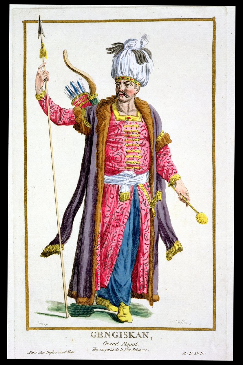 Djingis Khan (ca 1162-1227) från "Receuil des Estampes, representant les Rangs et les Dignites, suivant le Costume de toutes les Nations existantes", publicerad 1780 (handkolorerad gravyr). av Pierre Duflos