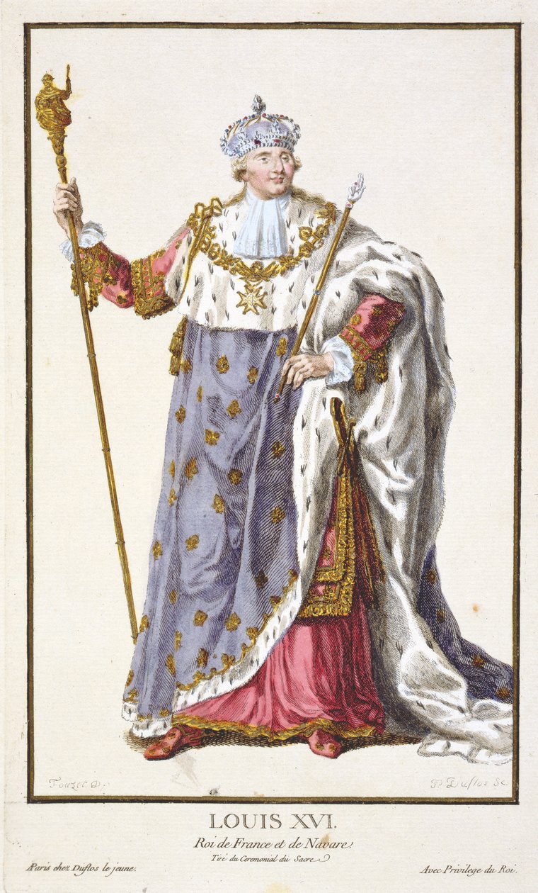 Ludvig XVI (1754-93) Frankrikes kung (1774-92) från "Receuil des Estampes, representant les Rangs et les Dignites, suivant le Costume de toutes les Nations existantes", publicerad 1780 (handkolorerad). av Pierre Duflos