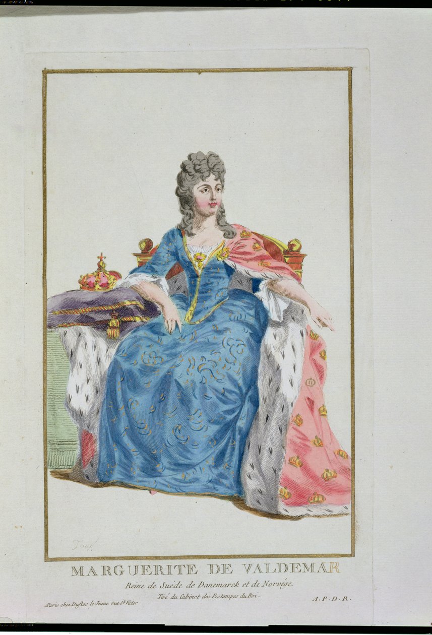 Margareta (1353-1412) Drottning av Danmark, Norge och Sverige, från "Receuil des Estampes, representing the Ranks and the Dignites, according to the Costume of All Existing Nations", publicerad 1780 (hand av Pierre Duflos
