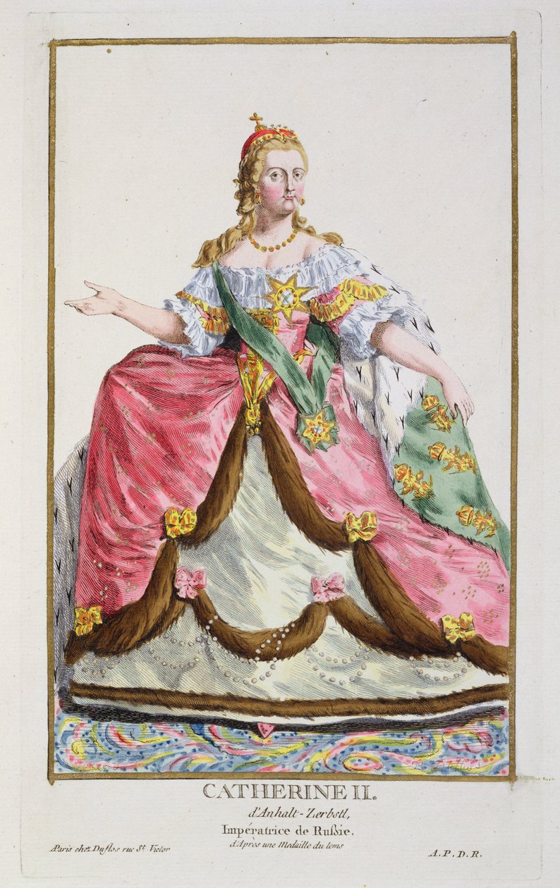 Porträtt av kejsarinnan Katarina II "Den stora" av Ryssland (1729-96), från en samling plåtar som porträtterar olika världens dräkter, 1780 (handfärgad koppargravyr med förgylld) av Pierre Duflos