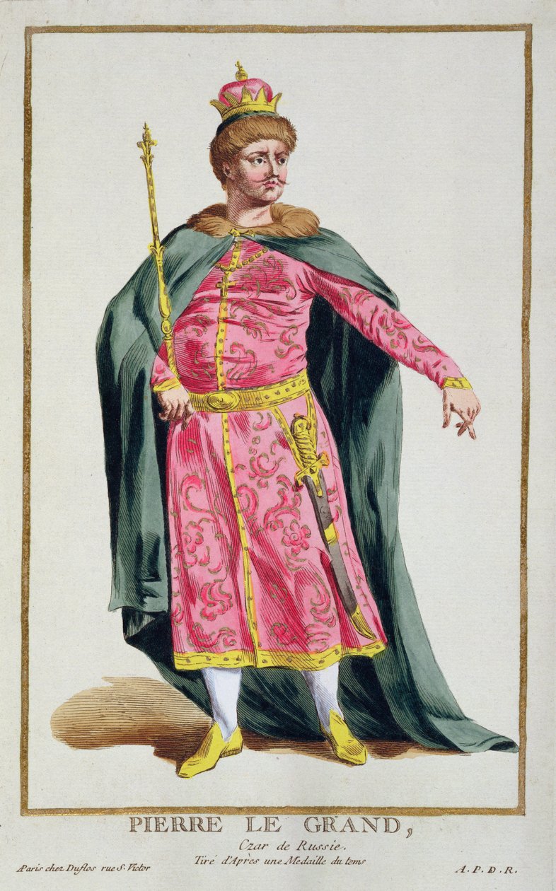 Porträtt av Peter I, den store, tsar av Ryssland (1672-1725), från en samling plåtar som porträtterar olika världens dräkter, 1780 (handfärgad kopparstick med förgylld) av Pierre Duflos