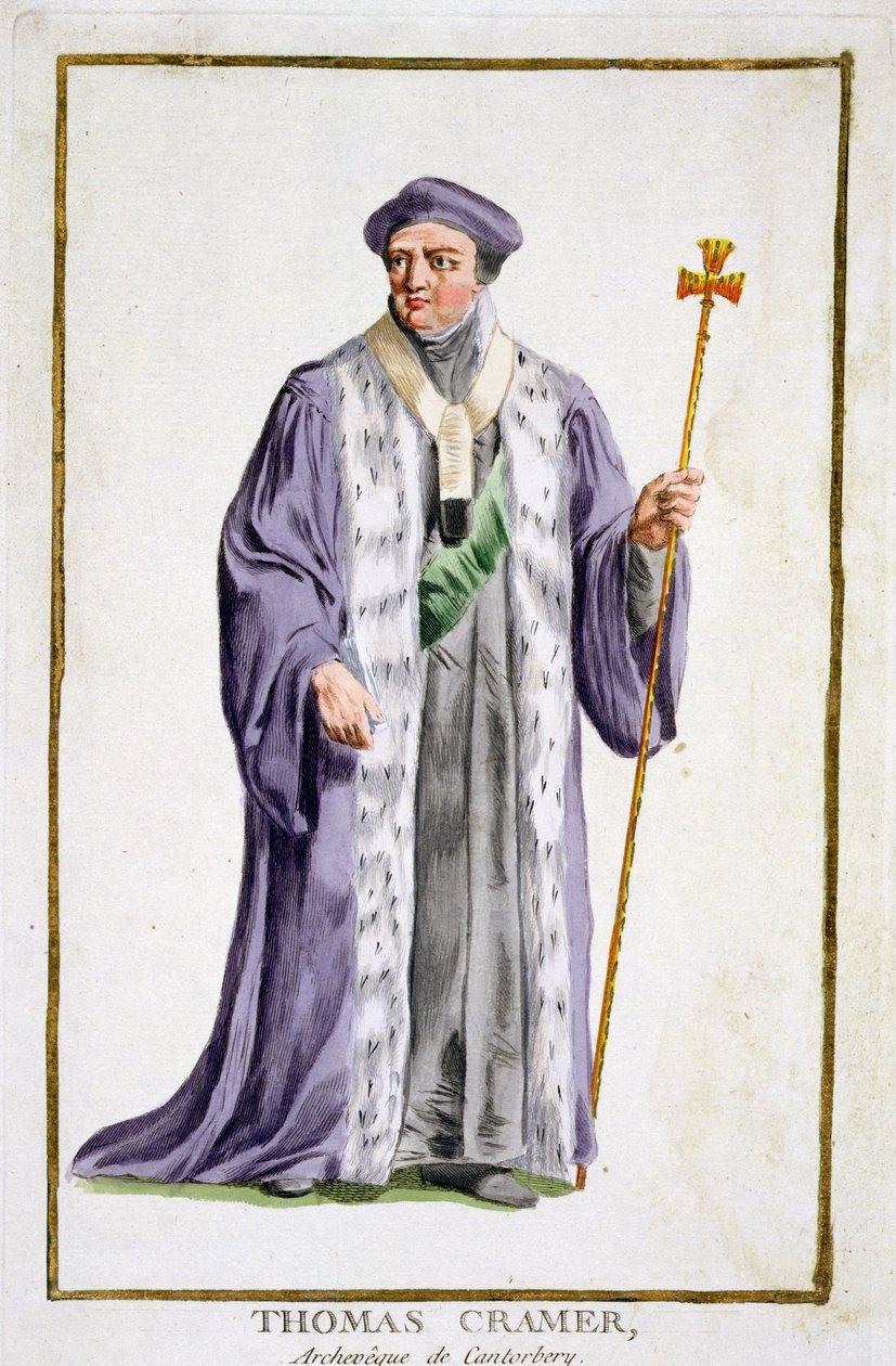 Thomas Cranmer (1489-1556) ärkebiskop av Canterbury (1533-56) från "Receuil des Estampes, representant les Rangs et les Dignites, suivant le Costume de toutes les Nations existantes", publicerad 1780 ( av Pierre Duflos