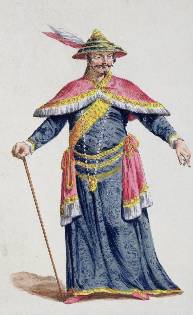 Kinas kejsare Yu från "Receuil des Estampes, Representant les Rangs et les Dignites, suivant le Costume de toutes les Nations existantes", publicerad 1780 (handkolorerad gravyr). av Pierre Duflos