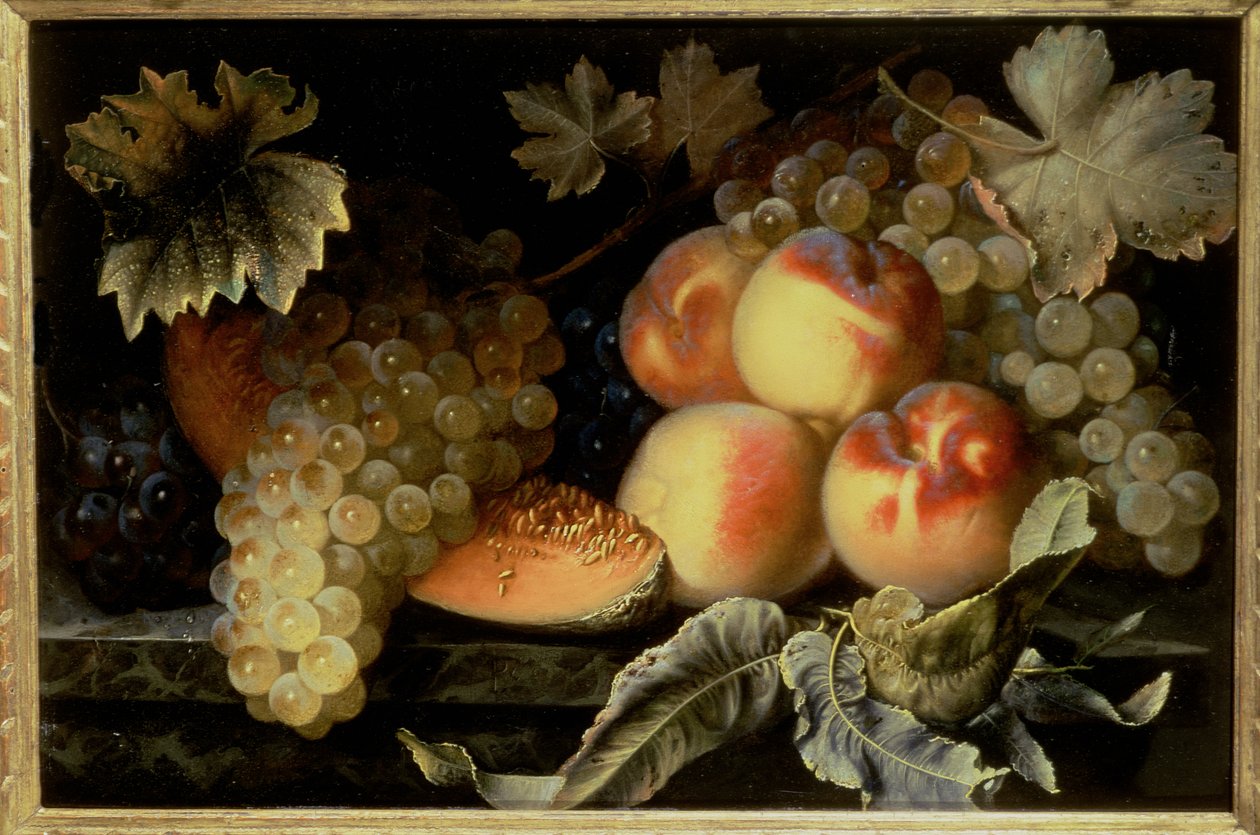 Stilleben med persikor, melon och vindruvor (en i ett par) av Pierre Dupuis