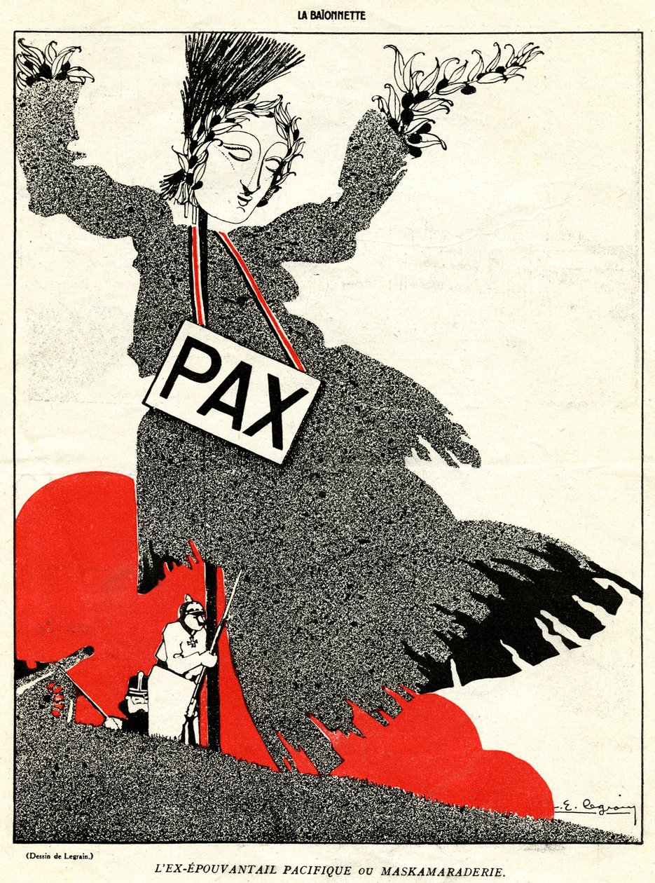 Den tidigare fredliga fågelskrämman eller Maskamaraderie, från Kamerad!, en specialutgåva av "La Baionnette", nr 18, 4 november 1915 av Pierre E. Legrain