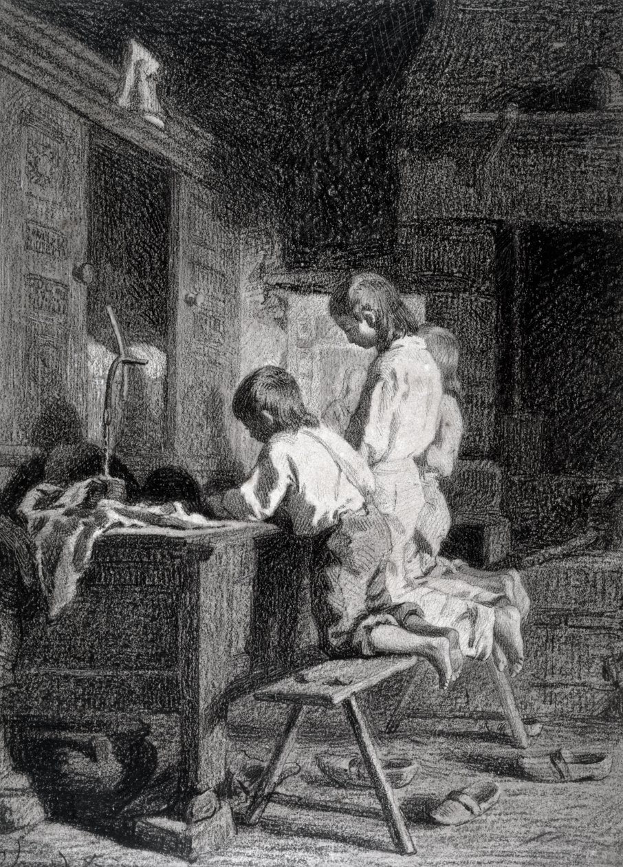 Interiör med Three Boys Kneeling (svart krita över brunt bläck tvätt på papper) av Pierre Edouard Frere
