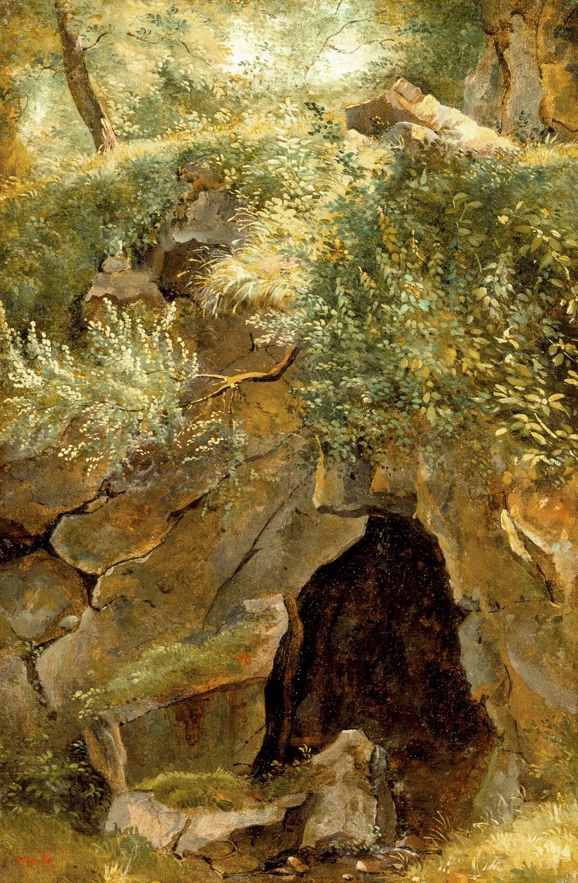 The Cave, 1828-30 (olja på papper monterad på duk) av Pierre Etienne Theodore Rousseau