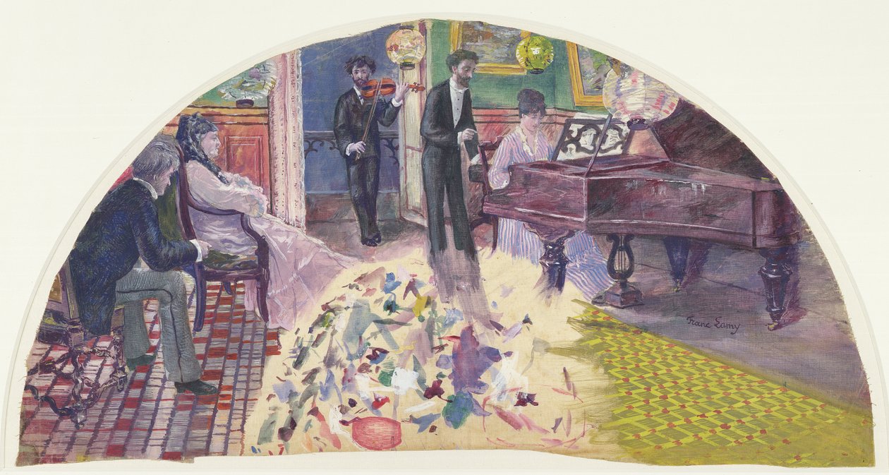 Utkast för en fläkt som visar loungen för Nina de Callias med Callias vid pianot, Ernest Cabaner bredvid henne och Charles Cros på fiolen, ca 1875-77 (gouache och wc på duk) av Pierre Franc Lamy