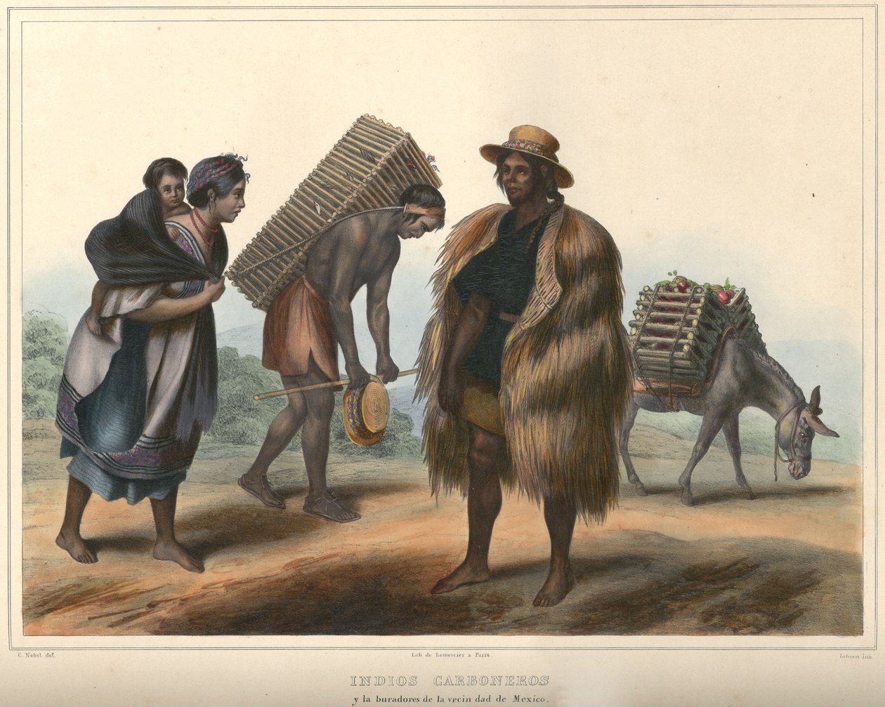 Indios Carboneros, costume group. Hand-colored lithograph highlighted with gum arabic. Original size (neat lines) av Pierre Frédéric Lehnert