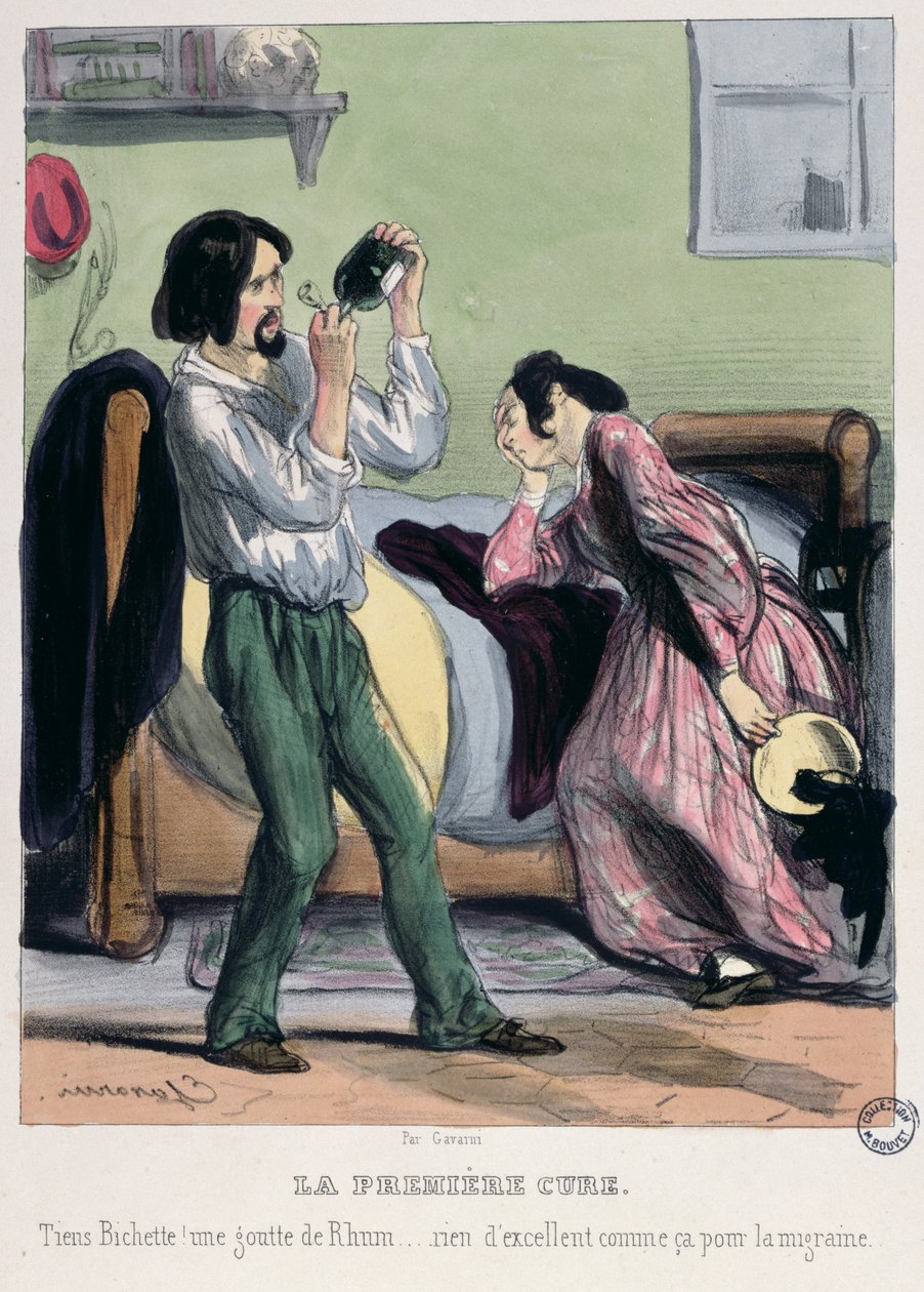 "Älskling, det finns inget bättre än en droppe rom för att bota migrän", ur "les Etudians de Paris". av Pierre Gavarni