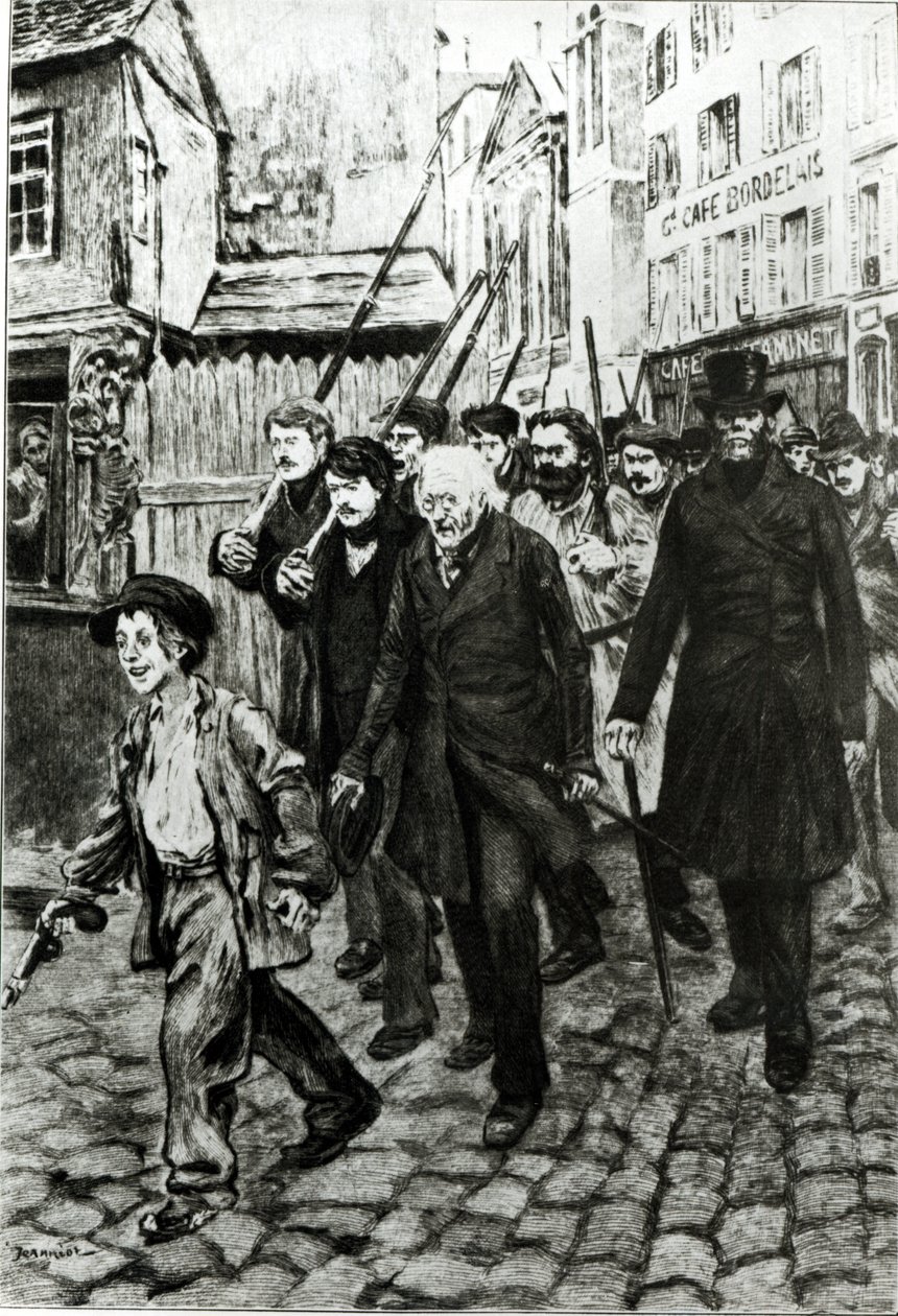Gavroche som leder en demonstration, illustration från "Les Miserables" av Victor Hugo av Pierre Georges Jeanniot