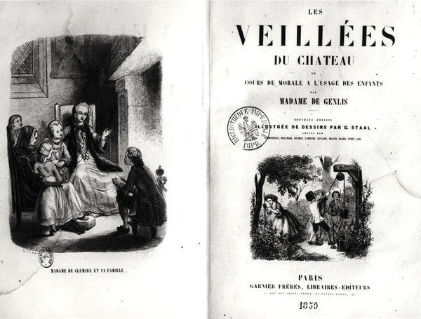 Frontispice av Les Veilles du Chateau ou Cours de Morale a lUsage des Enfants av Madame de Genlis (1746-1830) publicerad 1859 av Pierre Gustave Eugene 1817 82 after Staal