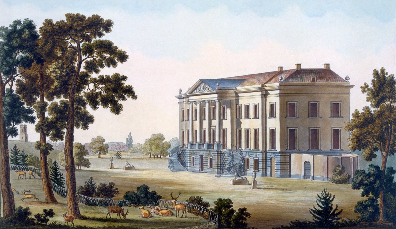 Brockhuysen Castle, nära Ameronghen, från "Val av de mest anmärkningsvärda monumenten, byggnaderna och husen i kungariket Nederländerna", publicerad 1827 av Pierre Jacques Goetghebuer