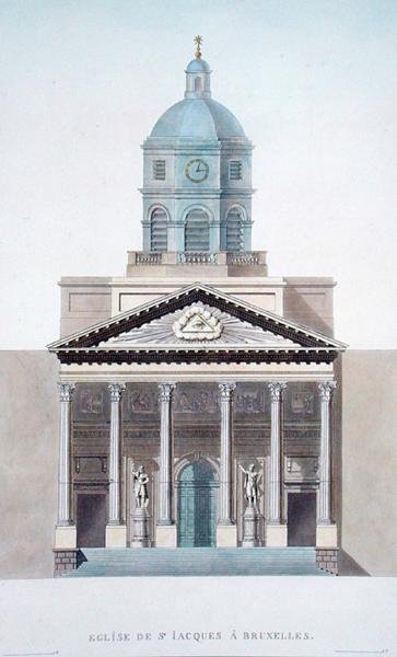 Church of St. Jacques, Bryssel, från valet av de mest framstående monumenten, byggnaderna och husen i kungariket Nederländerna av Pierre Jacques Goetghebuer, publicerad 1827 (akvatint) (se även 186059) av Pierre Jacques Goetghebuer
