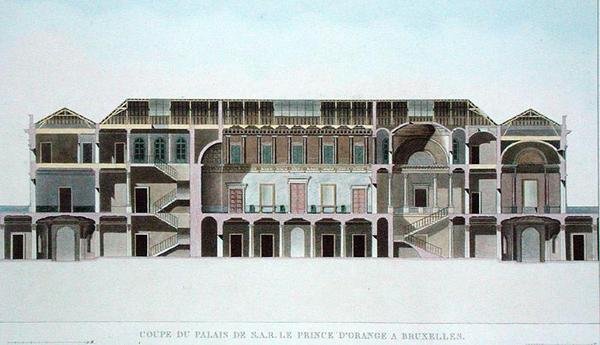 Tvärsnitt av Palace of the Prince of Orange, Bryssel, från urval av de mest framstående monumenten, byggnaderna och husen i kungariket Nederländerna av Pierre Jacques Goetghebuer, publicerad 1827 (aq. av Pierre Jacques Goetghebuer