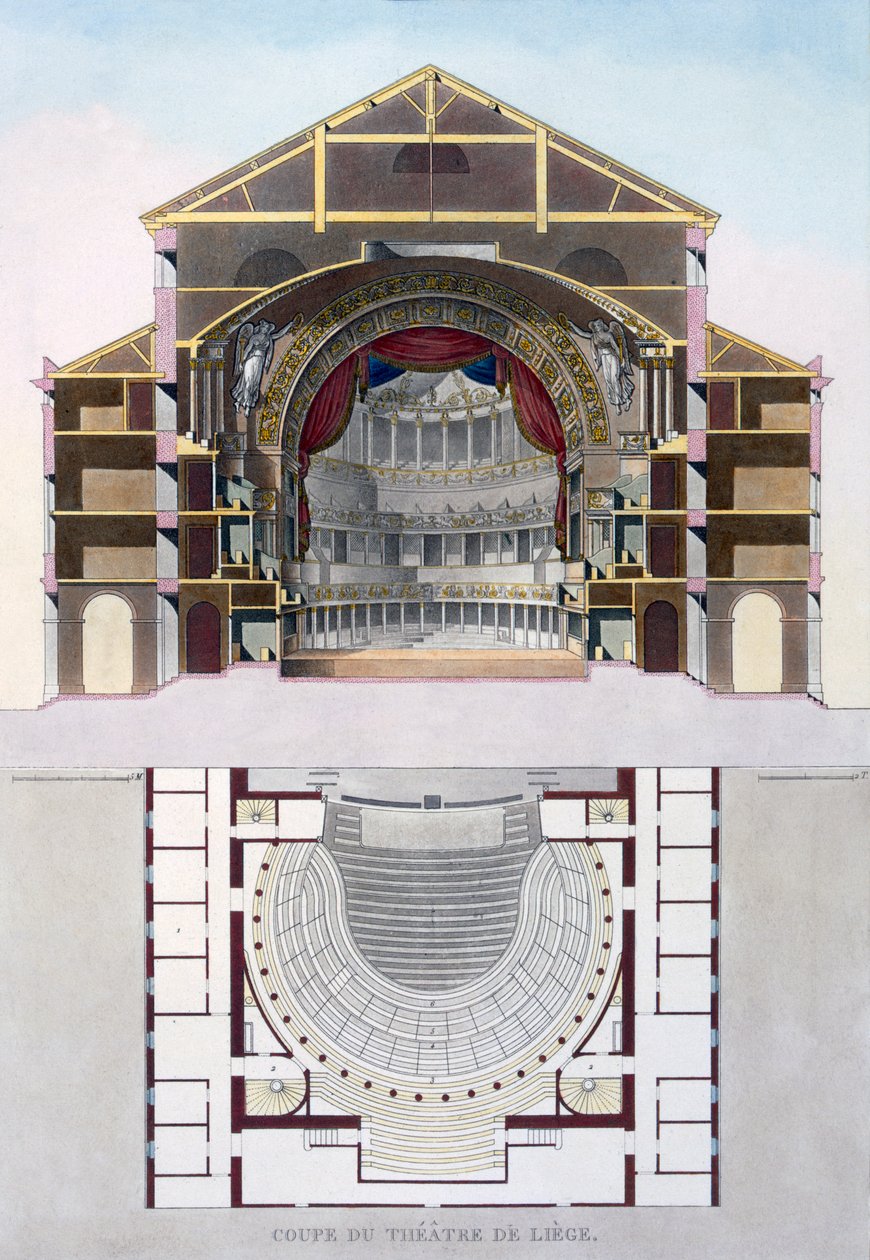 Tvärsnitt av Liege Theatre, Belgien, från "Val av de mest anmärkningsvärda monumenten, byggnaderna och husen i kungariket Nederländerna", publicerad 1827 av Pierre Jacques Goetghebuer