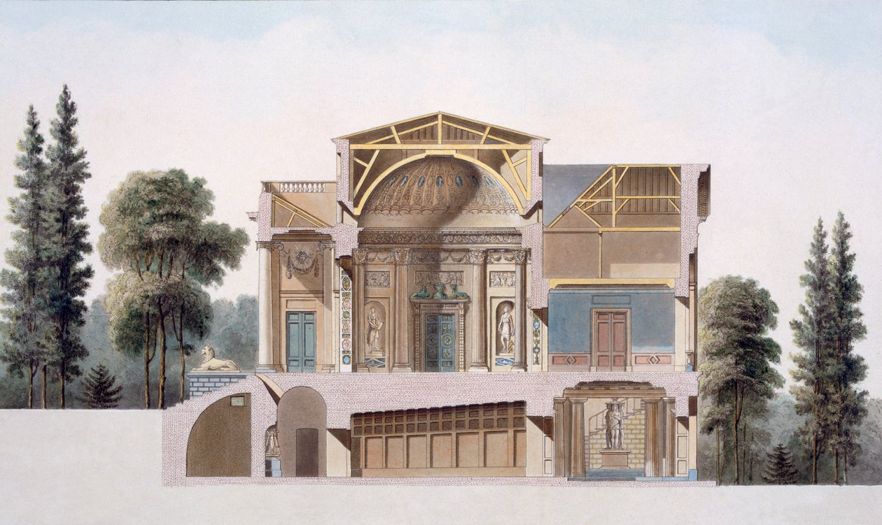 Tvärsnitt av ett hus på landet i Laeken, från "Val av de mest anmärkningsvärda monumenten, byggnaderna och husen i kungariket Nederländerna", publicerad 1827 av Pierre Jacques Goetghebuer