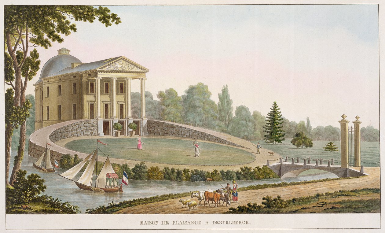 Maison de Plaisance i Destelberge, från "Val av de mest framstående monumenten, byggnaderna och husen i kungariket Nederländerna" av Pierre Jacques Goetghebuer, publicerad 1827 (akvatint) av Pierre Jacques Goetghebuer