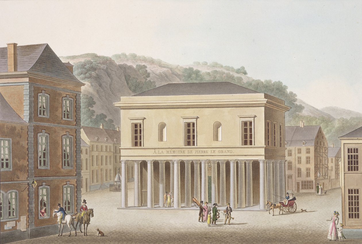 Portikus till Pouhons fontän i Spa, från "Choix des Monuments, Edifices et Maisons les plus remarquables du Royaume des Pays-Bas" av Pierre Jacques Goetghebuer, publicerad 1827 (akvatint) av Pierre Jacques Goetghebuer