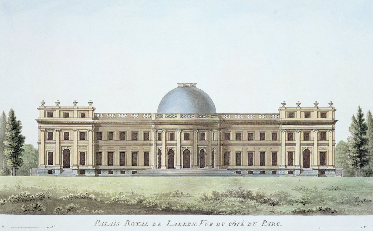 Kungliga palatset i Laeken, Utsikt från parken, från "Val av de mest framstående monumenten, byggnaderna och husen i kungariket Nederländerna" av Pierre Jacques Goetghebuer, publicerad 1827 (akvatint) av Pierre Jacques Goetghebuer