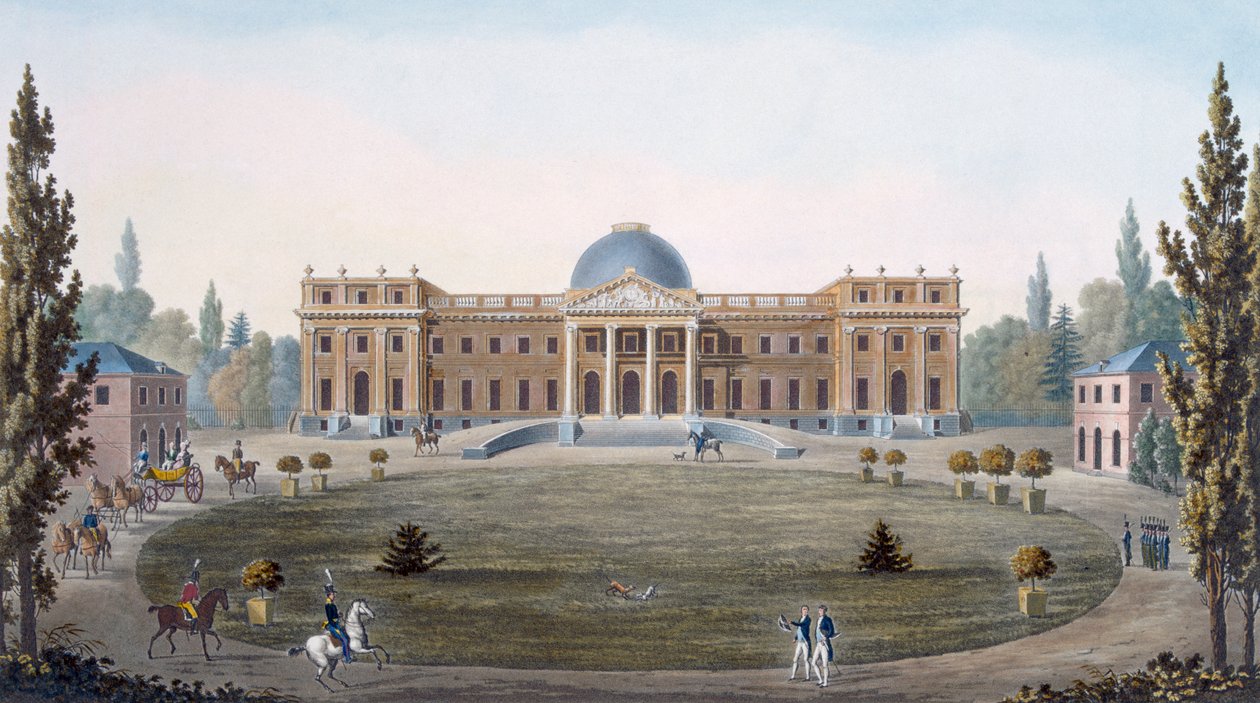 Det kungliga palatset i Laeken, från "Val av de mest anmärkningsvärda monumenten, byggnaderna och husen i kungariket Nederländerna", publicerad 1827 av Pierre Jacques Goetghebuer