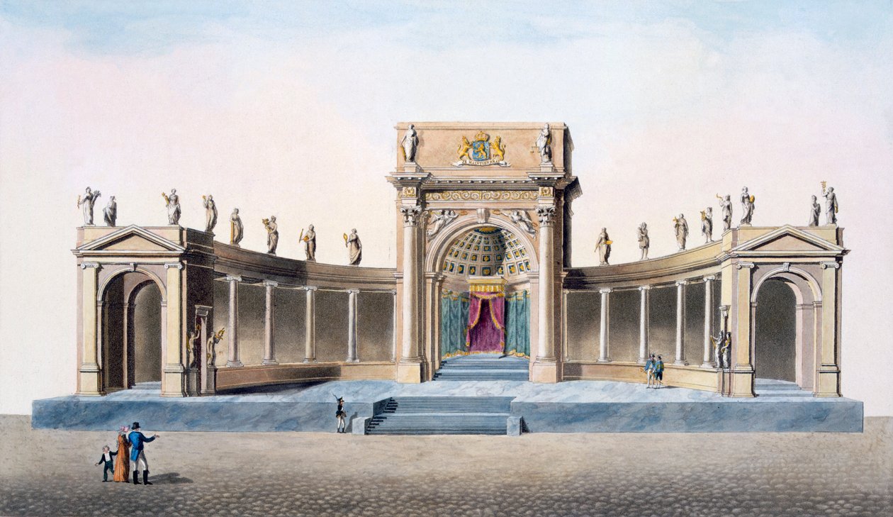 Teater i Bryssel uppförd för invigningen av kungen 1815, från "Val av de mest anmärkningsvärda monumenten, byggnaderna och husen i Konungariket Nederländerna", publicerad 1827 av Pierre Jacques Goetghebuer