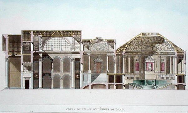 Tvärsnitt av Palais Academique i Gent, från Choix des Monuments, Edifices et Maisons les plus remarquables du Royaume des Pays-Bas av Pierre Jacques Goetghebuer, graverad av L. Roelandt, pub. av Pierre Jacques after Goetghebuer