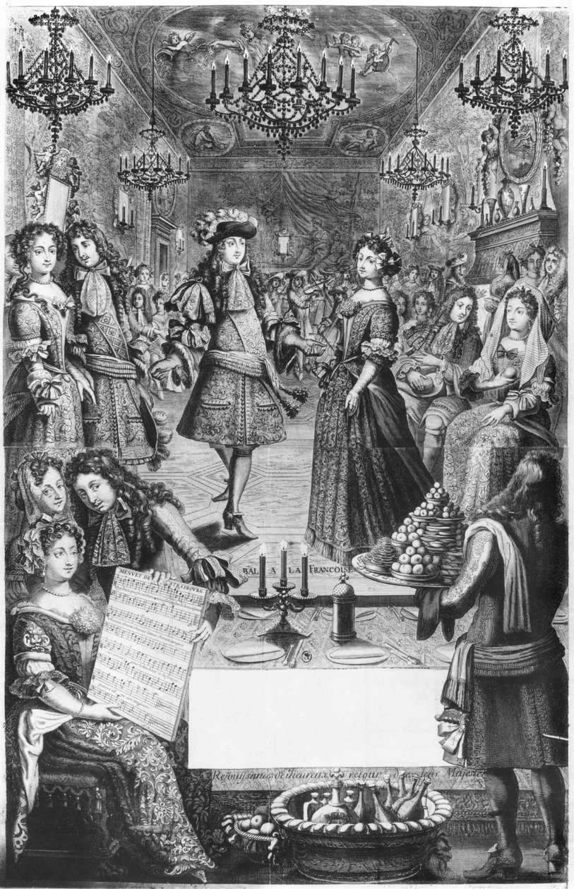 Fransk boll, kunglig almanacka, med ett partiturblad till "Menuet de Strasbourg" av Marc Antoine Charpentier (1634-1704) 1682 av Pierre Landry