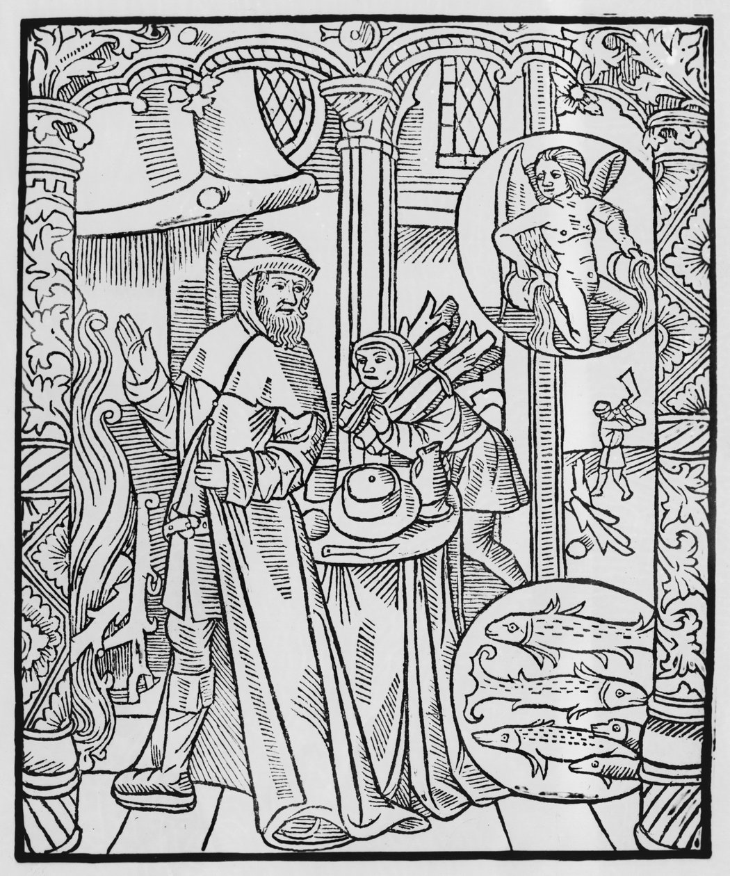 Februari, interiörscen, Vattumannen, illustration från 