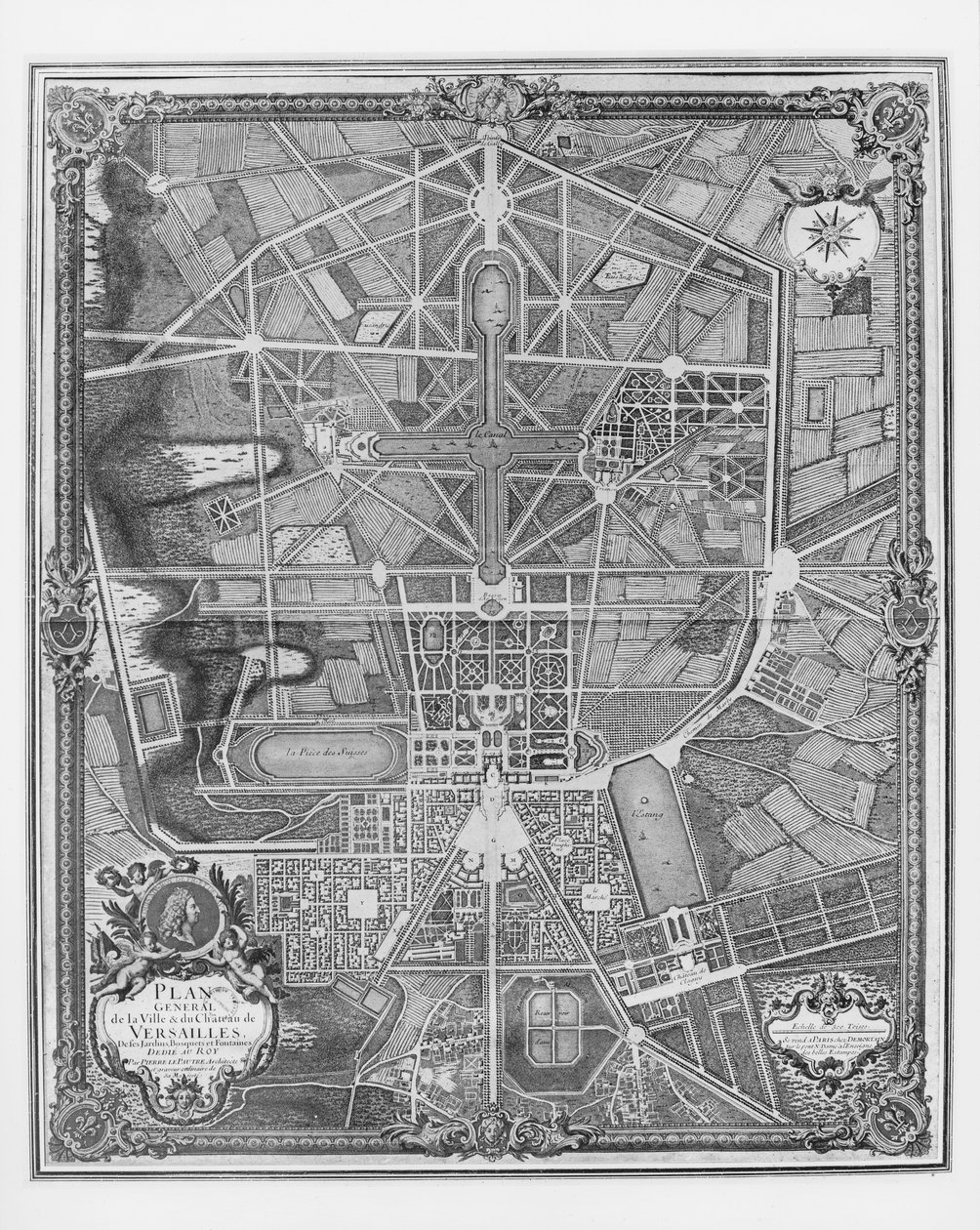 Översikt över staden och slottet Versailles, med sina trädgårdar, skogar och fontäner av Pierre Lepautre
