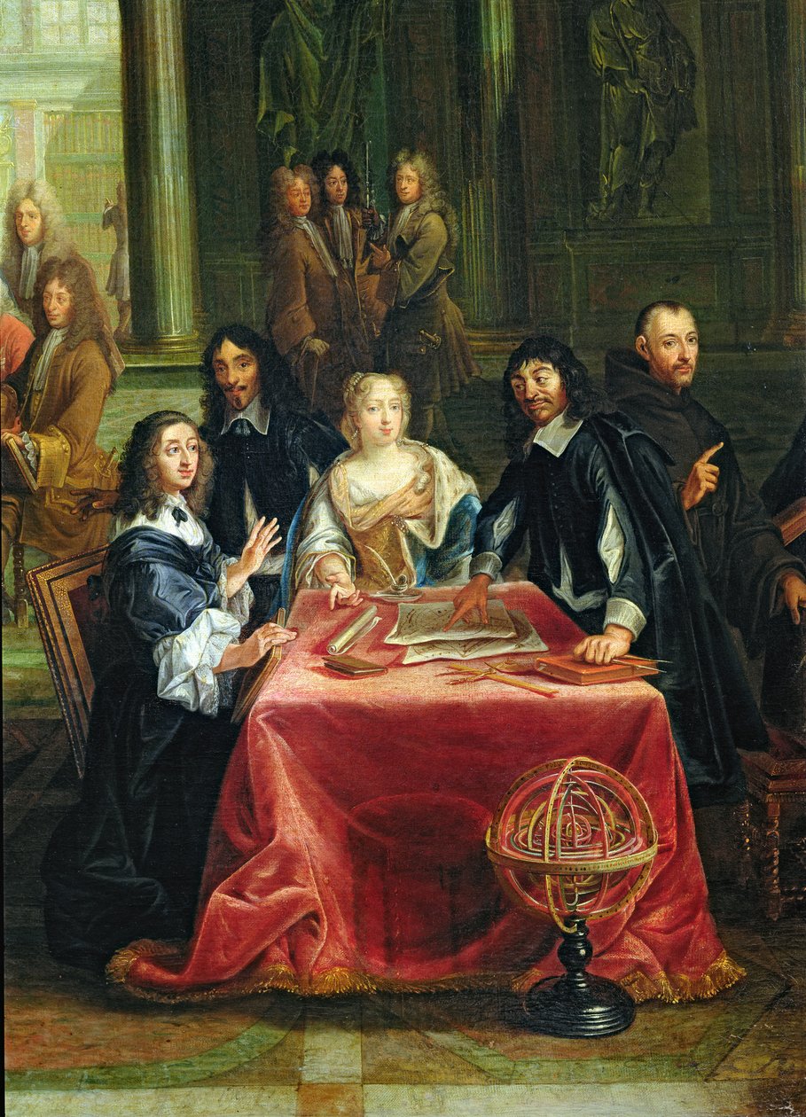Christina av Sverige (1626-89) och hennes hov: detalj om drottningen och René Descartes (1596-1650) vid bordet (se 28038) av Pierre Louis the Younger Dumesnil