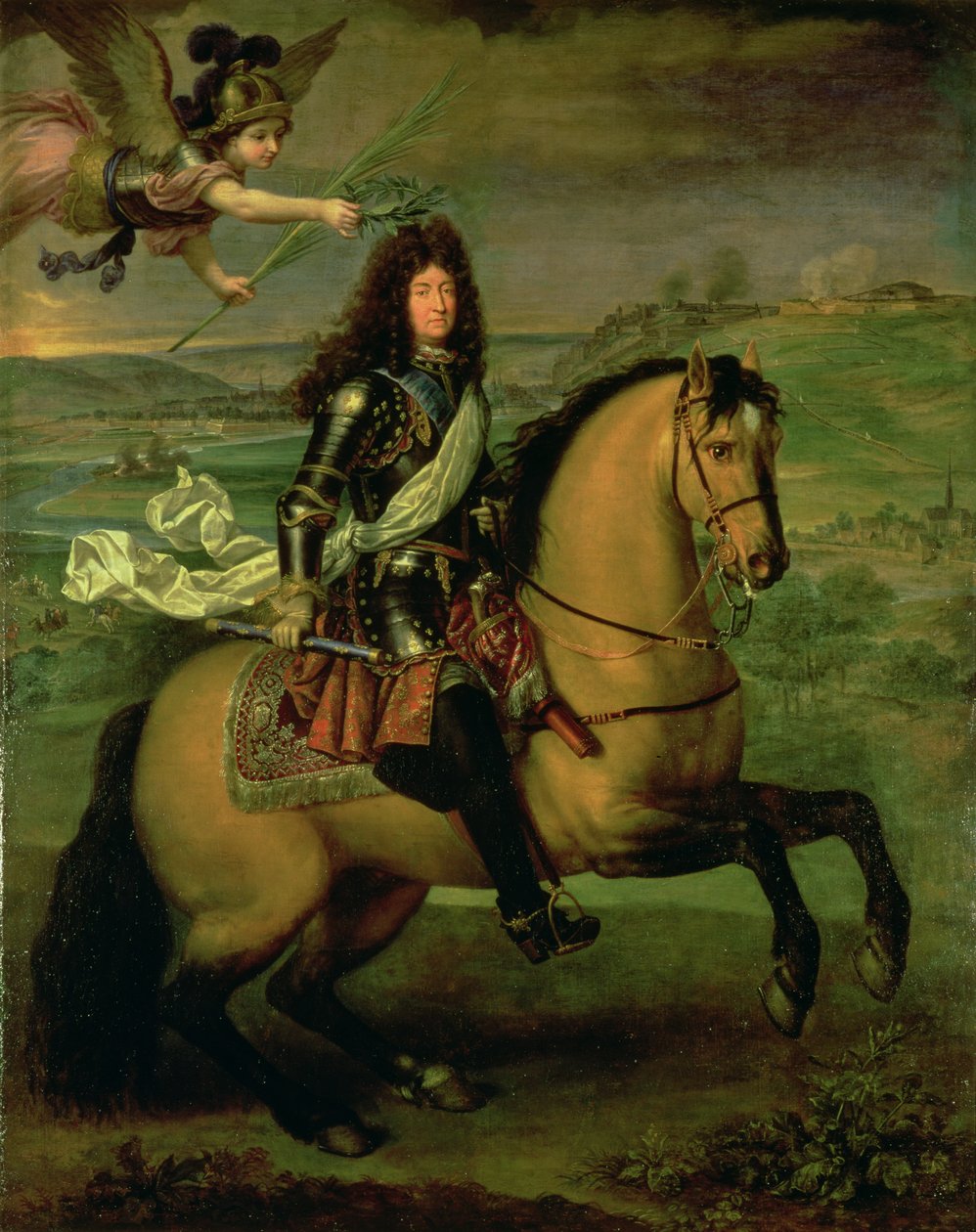 Ridsporträtt av Ludvig XIV (1638-1715) krönt av seger, ca 1692 av Pierre Mignard