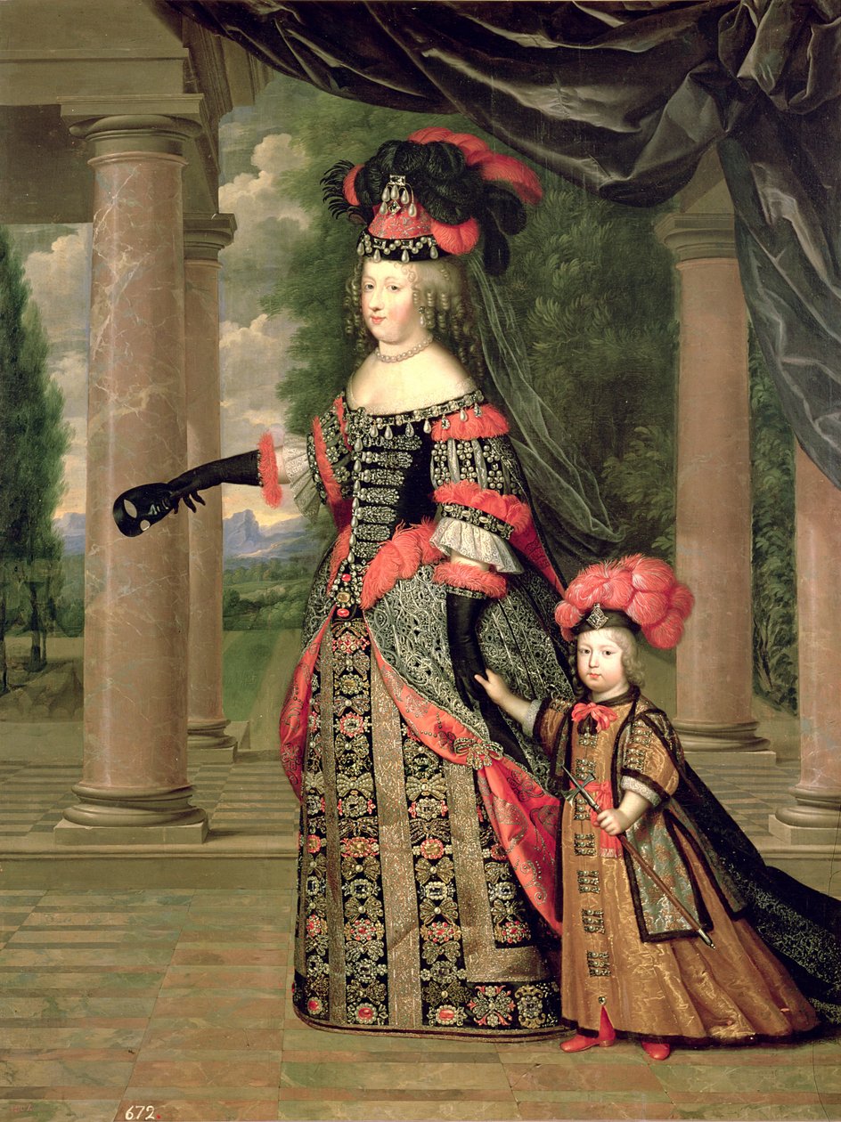 Maria Theresa (1638-83) hustru till Ludvig XIV, med sin son Dauphin Ludvig av Frankrike (1661-1711) efter 1661 av Pierre Mignard