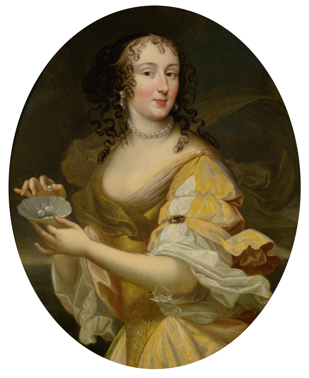 Portrait of a lady in allegorical guise, holding a dish of pearls. av Pierre Mignard