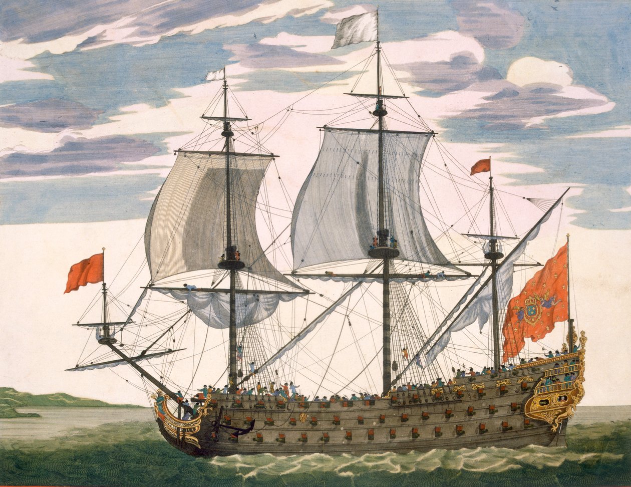 Brittiska flottan: ett förstklassigt skepp med den vita fanan; trevåningsfartyg med amiralens hytt, från "Le Naptune Francois", ca 1693-1700 (handkolorerat gravyr). av Pierre Mortier