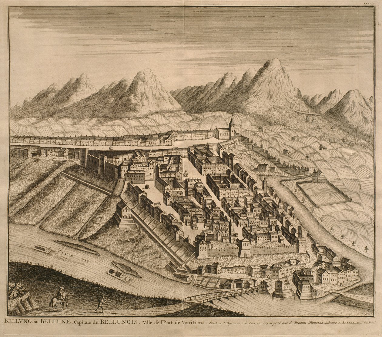 Karta över Belluno, ur "Les Villes de Venetie", 1704, utgiven av Pierre Mortier i Amsterdam. av Pierre Mortier