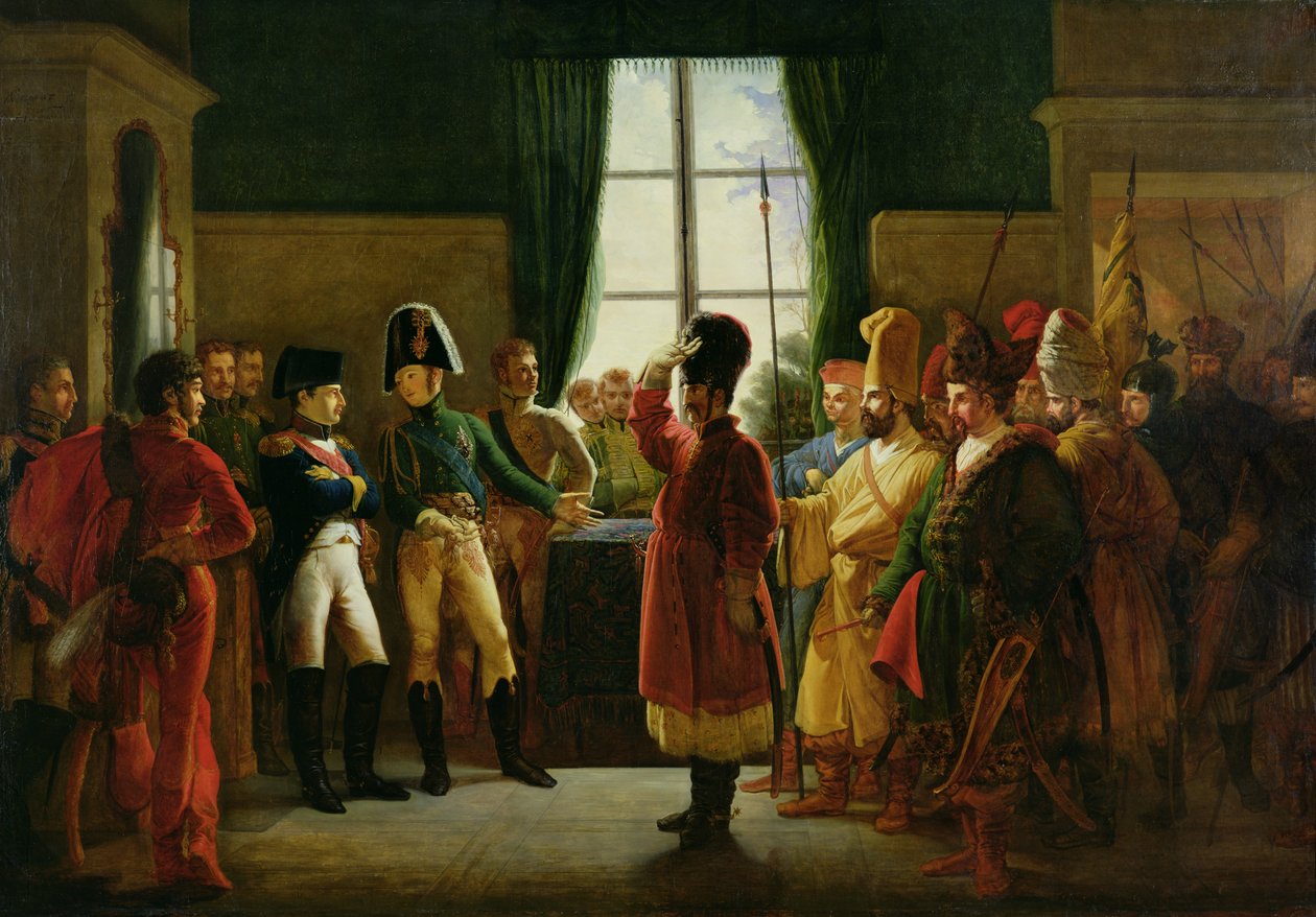 Alexander I (1777-1825) presenterar kalmukerna, kosackerna och basjkirerna för Napoleon I (1769-1821) i Tilsit i juli 1807, 1807-10 av Pierre Nolasque Bergeret