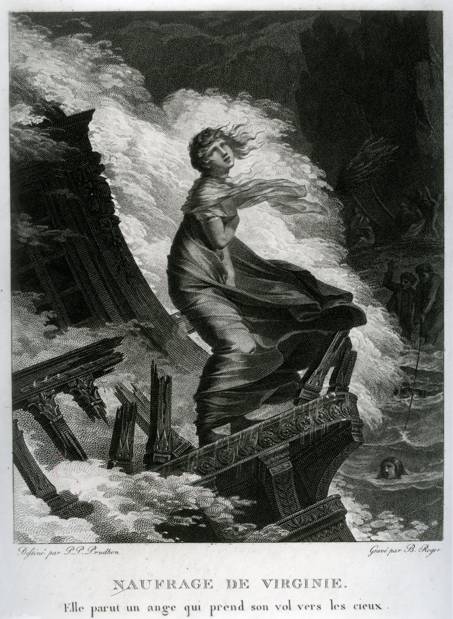 Virginies skeppsbrott, illustration till "Paul et Virginie" av Bernardin de Saint-Pierre (1737-1814), graverad av Barthelemy Roger (1767-1841). av Pierre Paul Prudhon