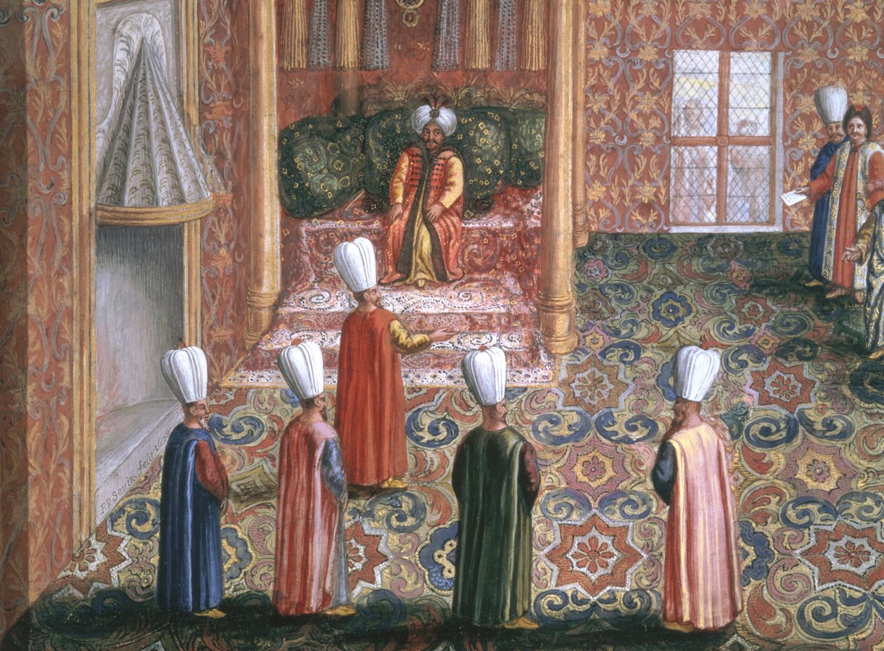 Jan Gninskis diplomatiska uppdrag i Istanbul, det polska sändebudets audiens hos sultan Machmed, 1679 (gouache med bladguld på papper) av Pierre Paul Sevin