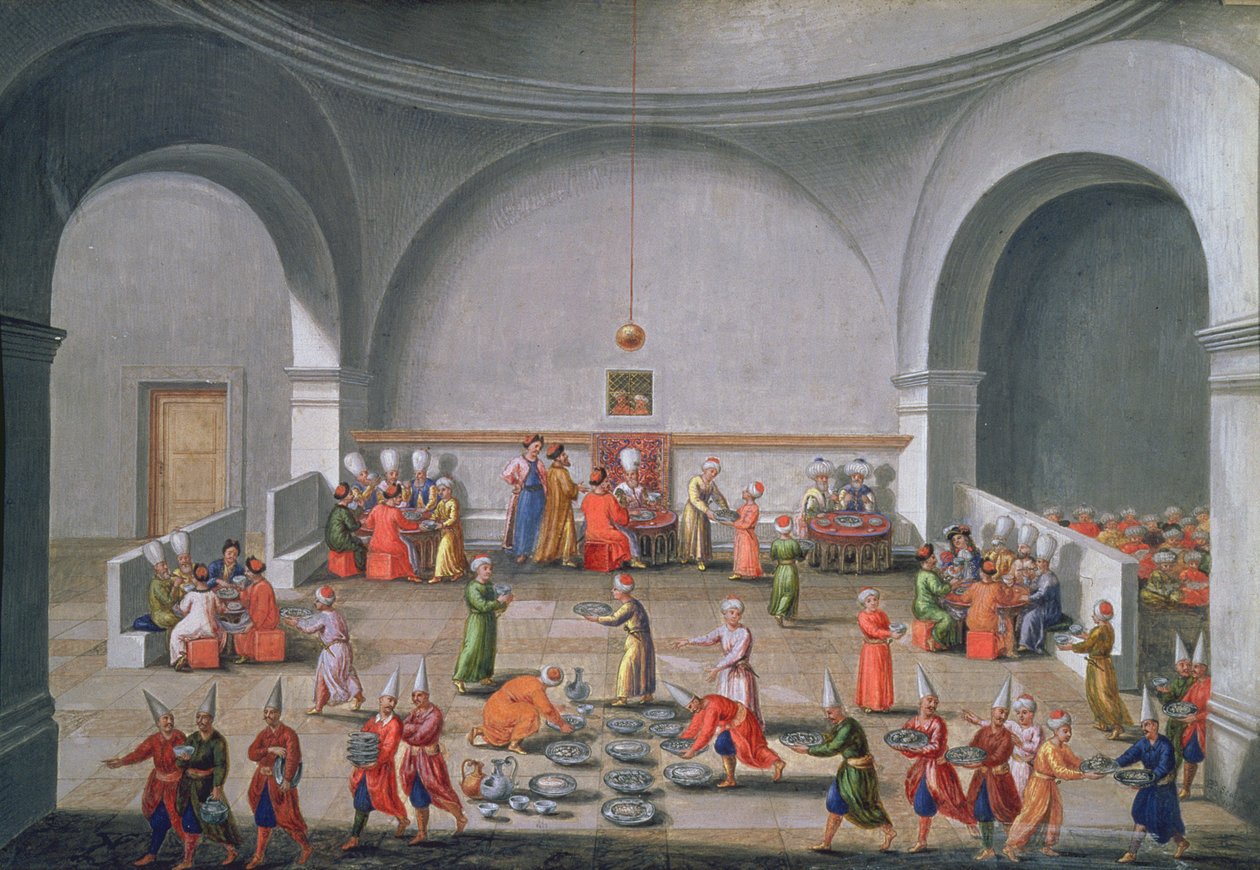Jan Gninskis diplomatiska uppdrag till Istanbul, middag till ära för den polska missionen, 1679 (gouache med bladguld på papper) av Pierre Paul Sevin
