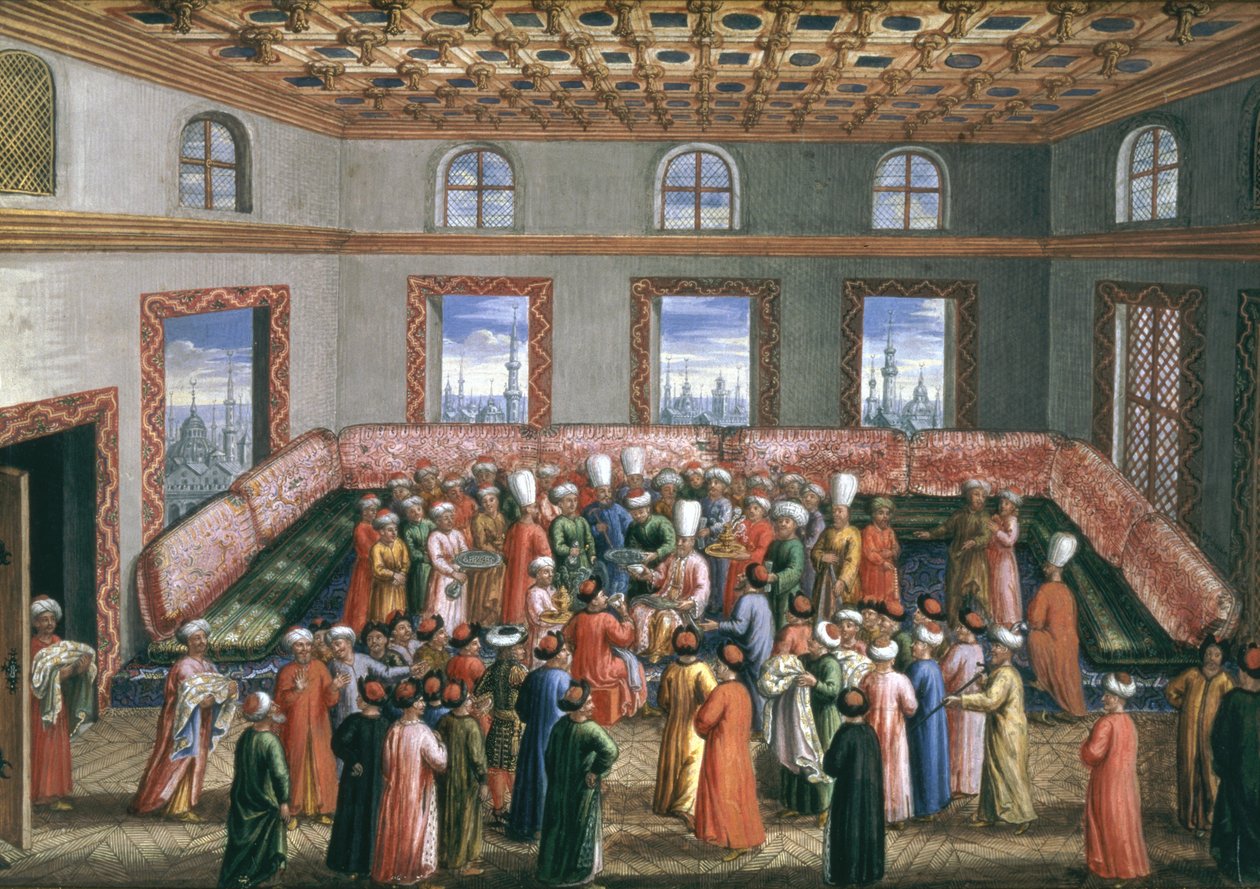 Jan Gninskis diplomatiska uppdrag till Istanbul, avskedsmottagning för det polska sändebudet, 1679 (gouache med bladguld på papper) av Pierre Paul Sevin