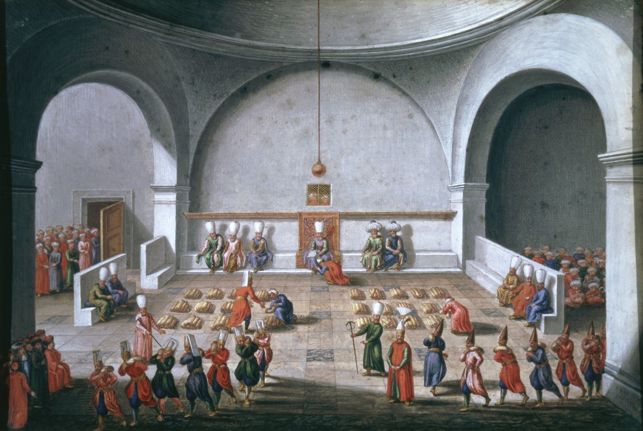 Jan Gninskis uppdrag till Istanbul, betalningsceremoni till soldaterna, 1679 (gouache med bladguld på papper) av Pierre Paul Sevin