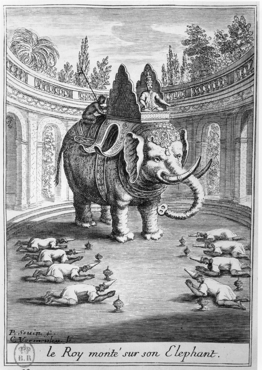 Kungen av Siam sittande på sin elefant, graverad av Cornelis Vermeulen (1644-1708) 1686 av Pierre Paul Sevin